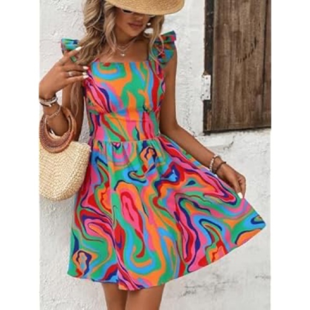 SHEIN Marble Print Summer Dress with Short Flutter Sleeves NWOT
